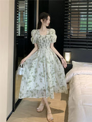 BXOXO Korean Style Mixi Cottagecore Dress Women Fairycore Floral Prom Gown Y2k Elegant Puff Sleeve Tunic Graduation Dresses