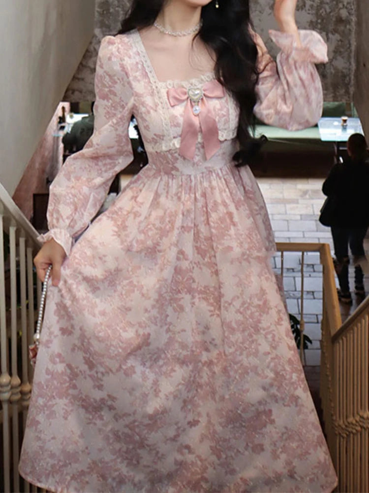 BXOXO Sweet Pink Princess Dress Women Vintage Floral Print Puff Sleeve Dress Female French Style Elegant Kawaii Lace Bow Long Dresses