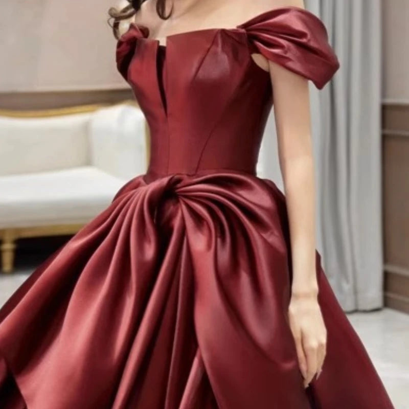 BXOXO Customized Fashion High End Slash Neck Big Swing Wedding Party Dresses Exquisite Satin A-line Tailing Gown Front Bow Back Straps