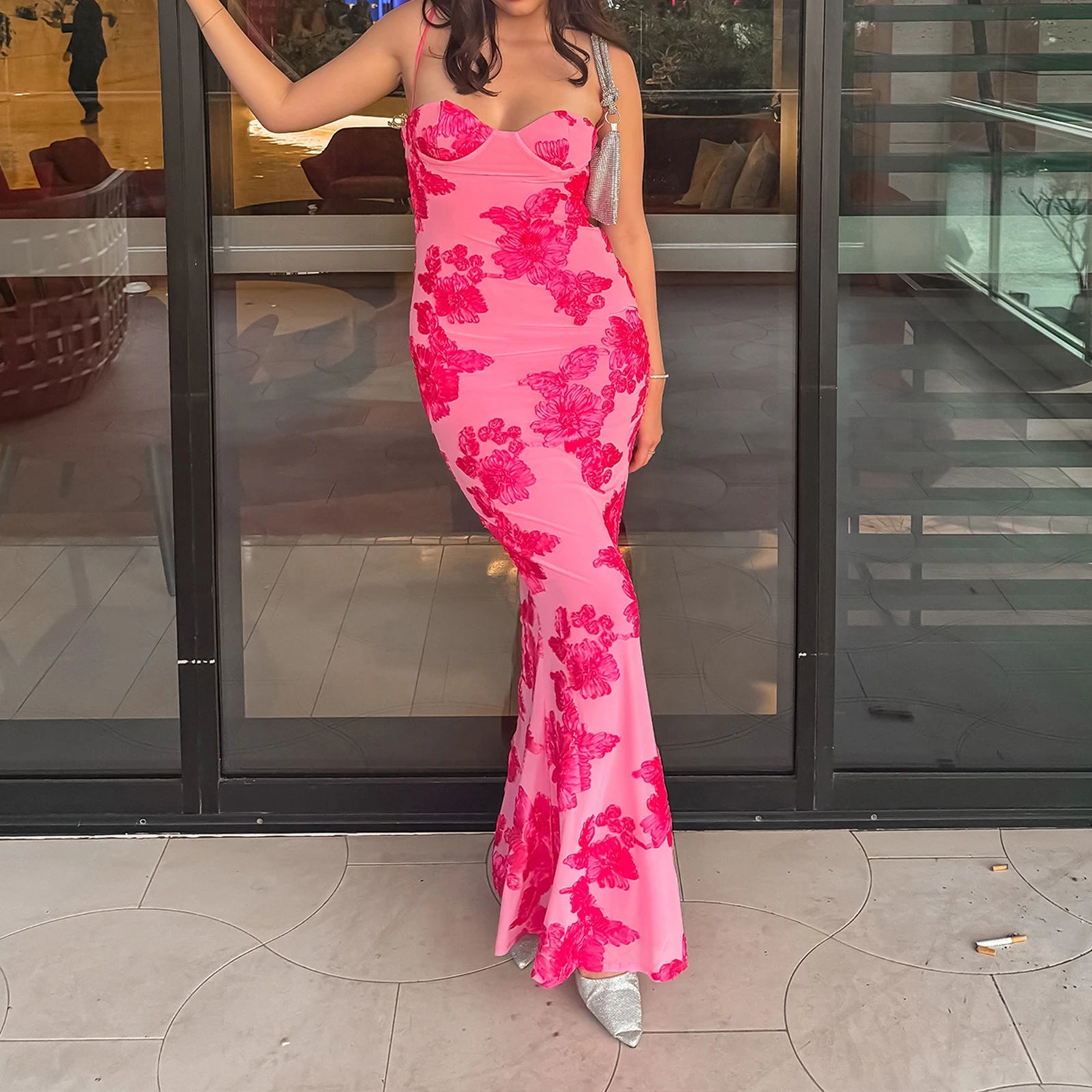 BXOXO Women Floral Long Cami Dress Y2K Backless Slip Bodycon Dress Sexy Spaghetti Going Out Maxi Dresses Summer Beachwear
