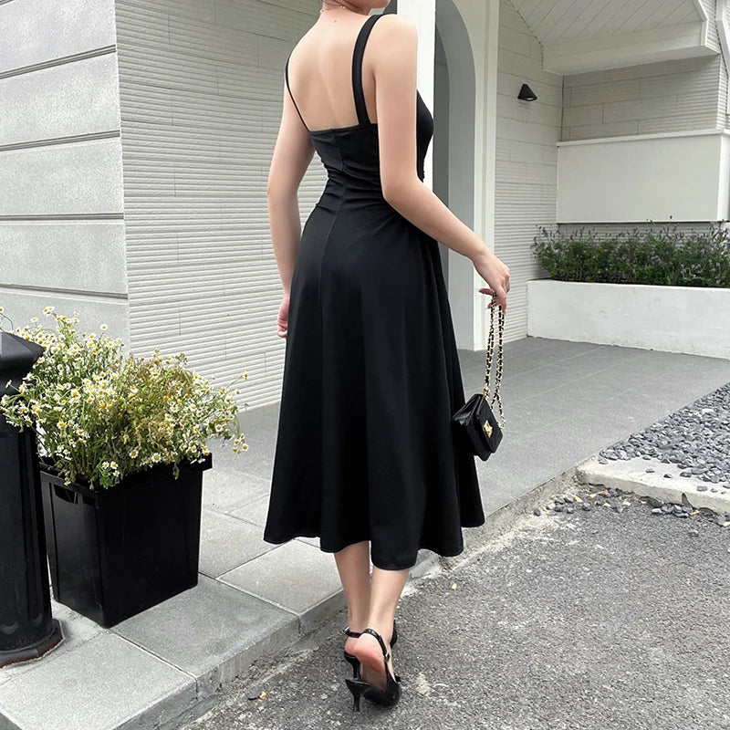 BXOXO Summer Elegant Casual A-Line Satin Midi Dress Women Sleeveless Vintage Party Birthday Vestidos Female Chic Solid Robe