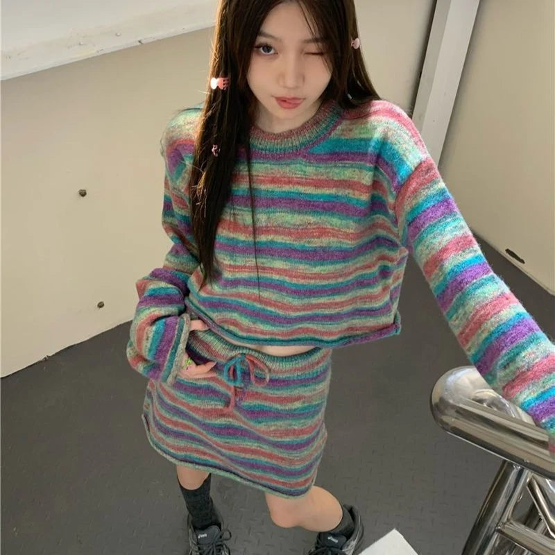 Bxoxo Y2k Vintage 2 Piece Sets Women Korean Style Striped Knitted Skirt Sets Autumn Winter Street Sweater Sets Aesthetics