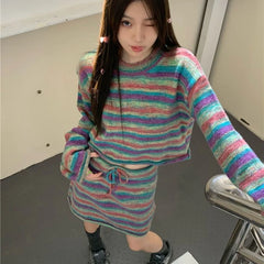 Bxoxo Y2k Vintage 2 Piece Sets Women Korean Style Striped Knitted Skirt Sets Autumn Winter Street Sweater Sets Aesthetics