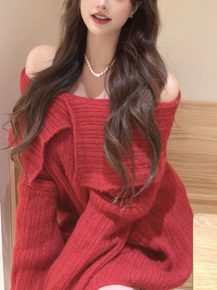Bxoxo Autumn Design Sexy White Knitted Sweater Women Long Sleeve Pure Color Korean Fashion Y2k Clothing Elegant Pullover Female