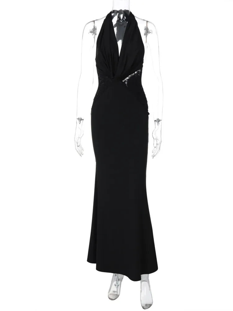 BXOXO Halter Deep V Neck Sexy Maxi Dress For Women Gown Black Lace Off-shoulder Backless Sleeveless Bodycon Long Dress