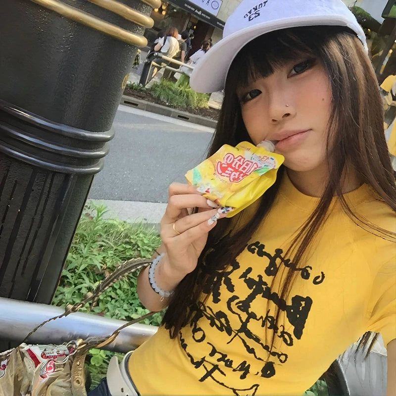 BXOXO Japanese Y2k Letter Print T-shirt Vintage Harajuku Crop Top Trashy 2000s Style Short Sleeve Tee Shirt American Retro 90s