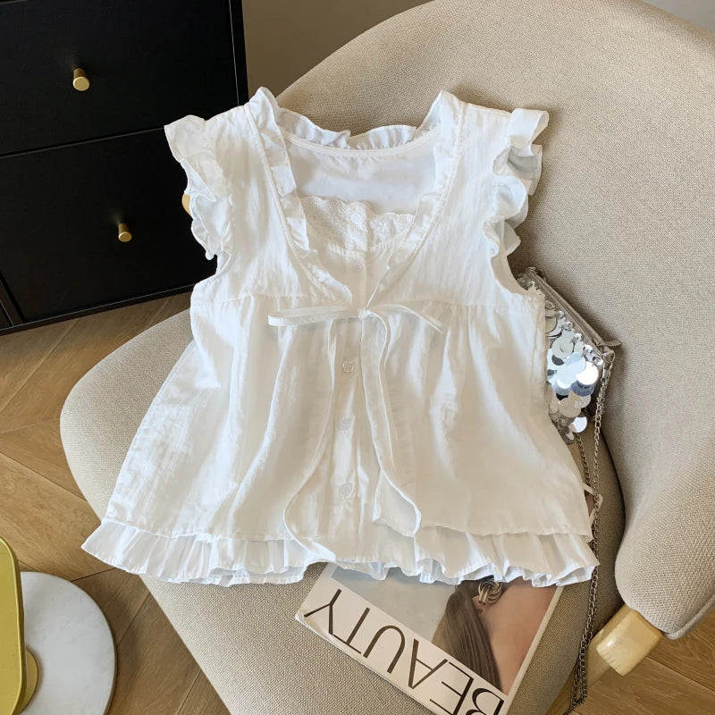 Bxoxo Blue Plaid irt-Like Two-Piece Women's Summer Thin Doll irt Beautiful Bow-Tie Fly Sve Sweet Sle Loose Fit Polyester F...