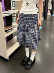 BXOXO Navy Plaid Knee-Length Skirt Woman Summer Ruffles Elastic Waist A-line Short Faldas Female Vintage Preppy Style Sweet Skirts Y2k