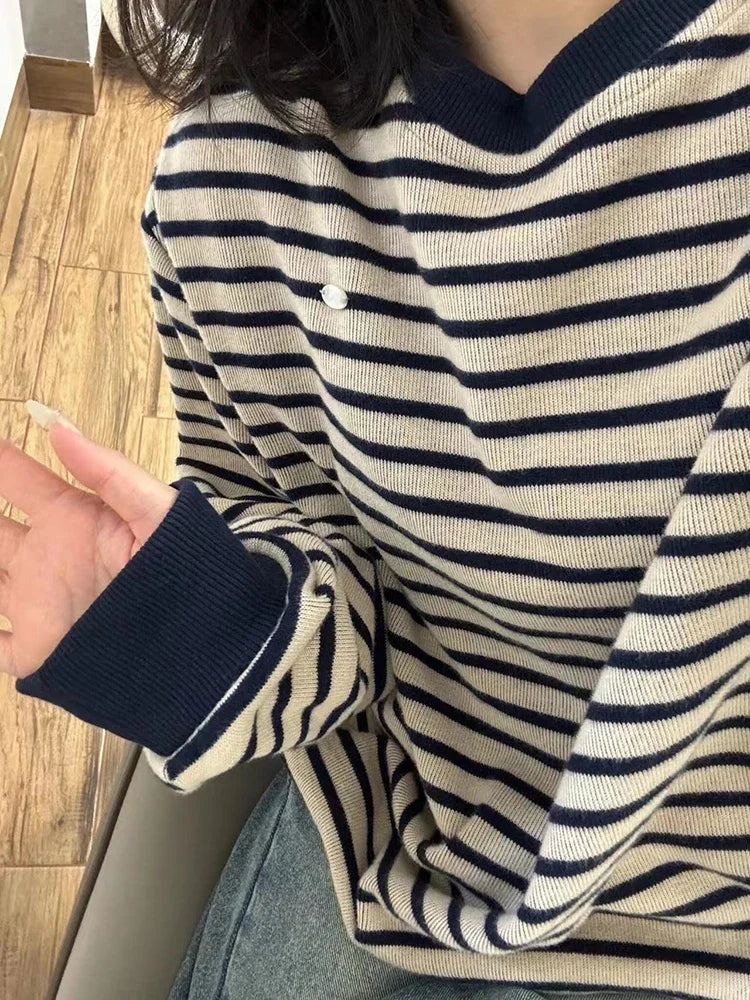 Bxoxo Retro Striped Sweatshirt Women Autumn Warm Long Sleeve O Neck Knitted Pullover Korean Loose All-Match Preppy Hoodie Female New