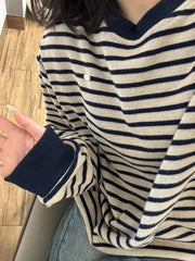 Bxoxo Retro Striped Sweatshirt Women Autumn Warm Long Sleeve O Neck Knitted Pullover Korean Loose All-Match Preppy Hoodie Female New