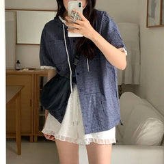 Bxoxo Women's Summer Fre Loose Slimming Japanese Sle Plaid ort Sve irt with Hood Sweet Sle Regular Length Single Button