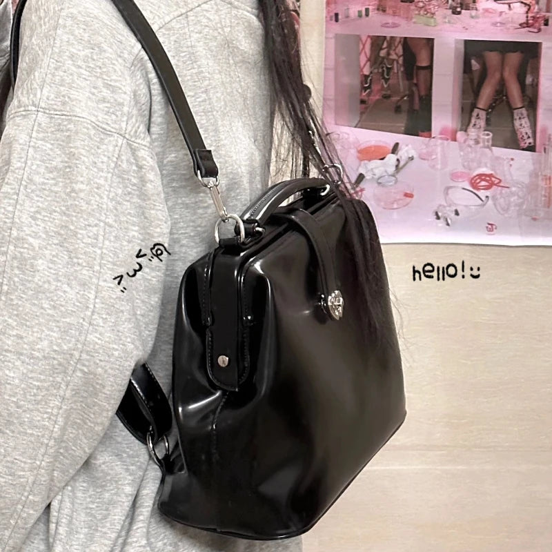 BXOXO Y2k College Style Women‘s Handbag Heart Lock Buckle Trapezoid Sweet Cool Backpack Advanced Pu Fashio Black Messenger Bags