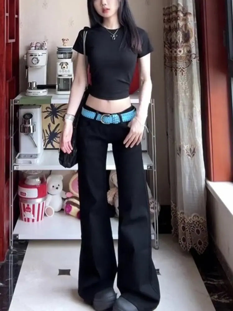 Bxoxo Black Basic Vintage Women's Pants Harajuku Low Waist Wide Leg Korean Fashion Flare Trousers Baggy Office Lady Casual