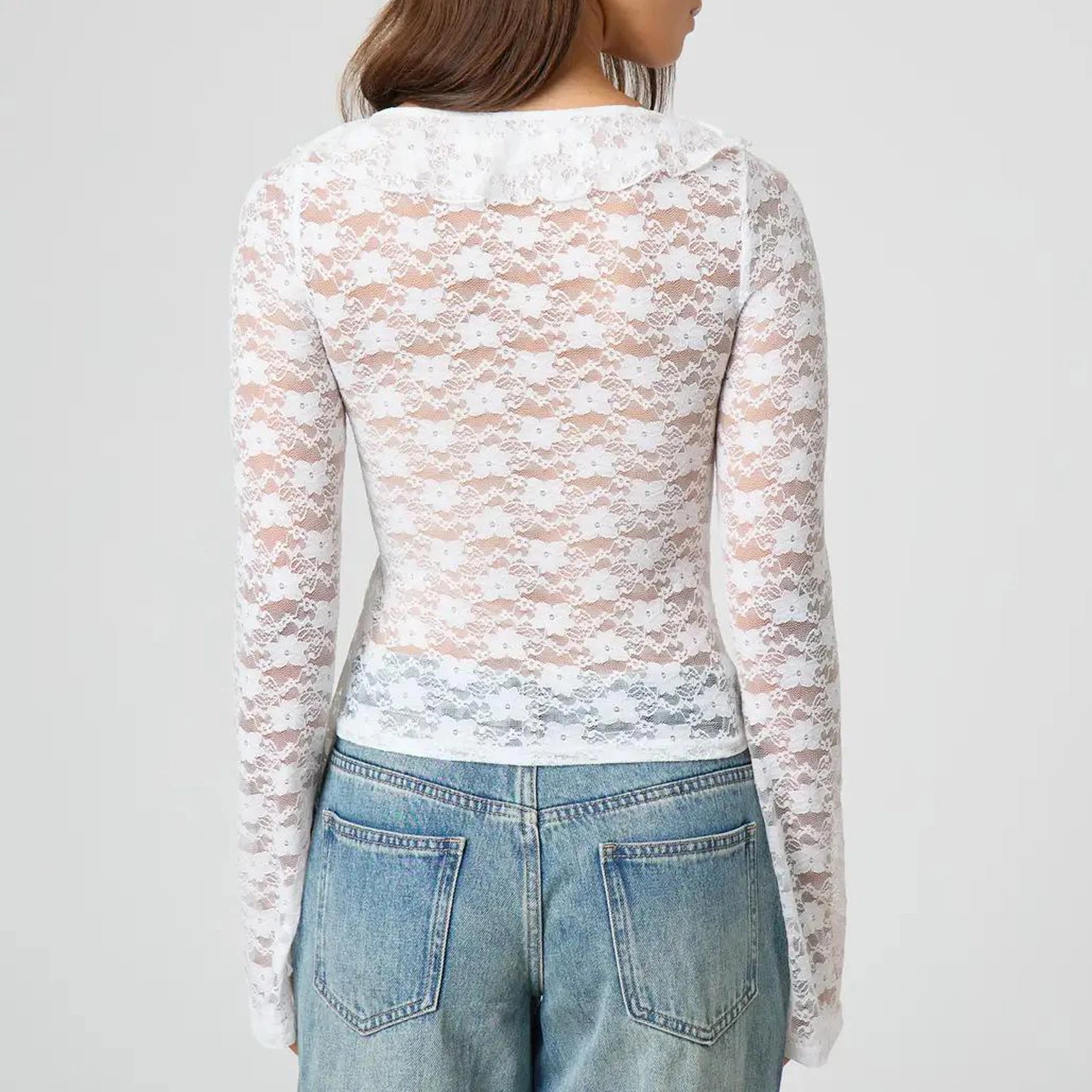 BXOXO Women Long Sleeve T-Shirts Lace Ruffles V-Neck Shirts Spring Summer Slim Fit Casual Tops Y2K Fashion Streetwear