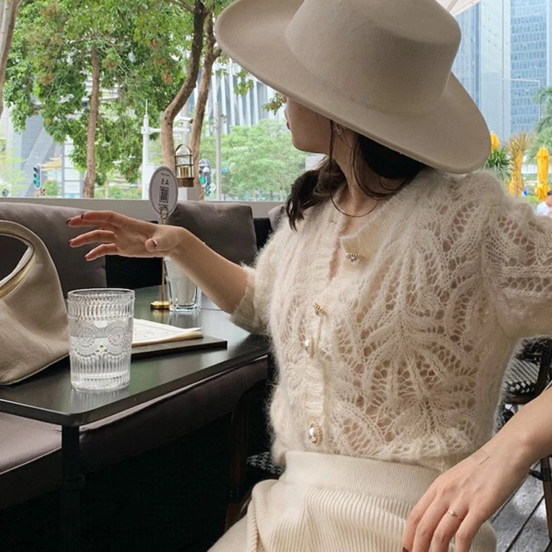 BXOXO Autumn Openwork Knitted Cardigan French Style Elegant O-neck Mohair Coat Sweater Female Casual Solid Long Sleeve Soft Tops