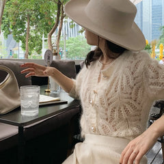 BXOXO Autumn Openwork Knitted Cardigan French Style Elegant O-neck Mohair Coat Sweater Female Casual Solid Long Sleeve Soft Tops