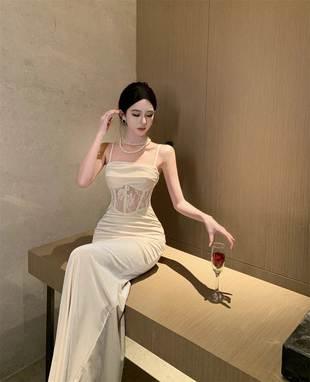 Bxoxo Sexy Women Bodycon Casual Solid Slim Long Dress Spaghetti Strap Vintage Elegant Party Prom Dresses Female Clothes Robe Vestidos