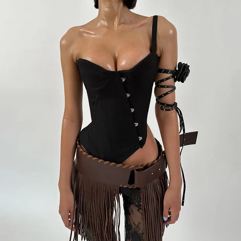 Bxoxo Fashion Women Buckle Irregular Crop Tops One Shoulder Strap Corset Tops Slim Waist  Low-cut Tanks Camis Bralette Bustiers New