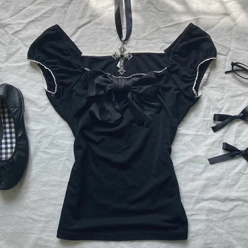 BXOXO Y2k Summer New Solid Sling Tops Kawaii Lace Bow Inside A Sling Vest 90s Aesthetics Crop Top Women Pink Tank Top Fashion Punk Top