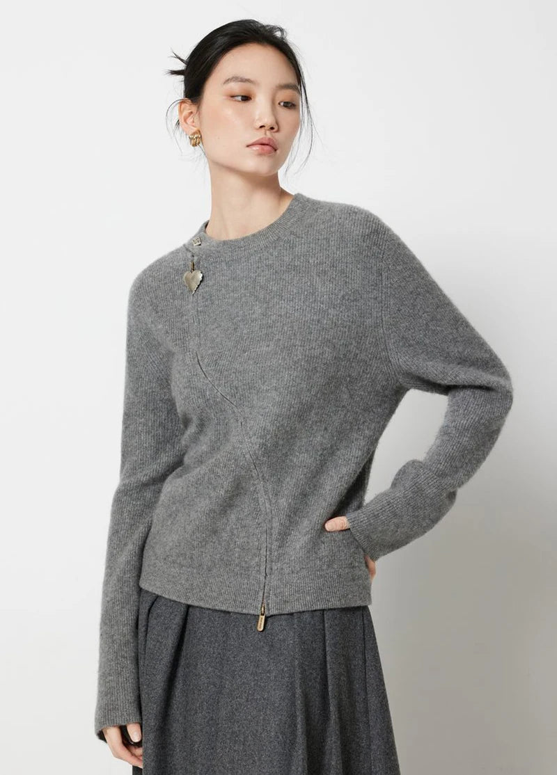 Bxoxo Streetwear Gray Sweaters Women Long Sleeve Vintage O Neck Love Zipper Knitted Cardigan Casual Retro Korean Female Tops Fall
