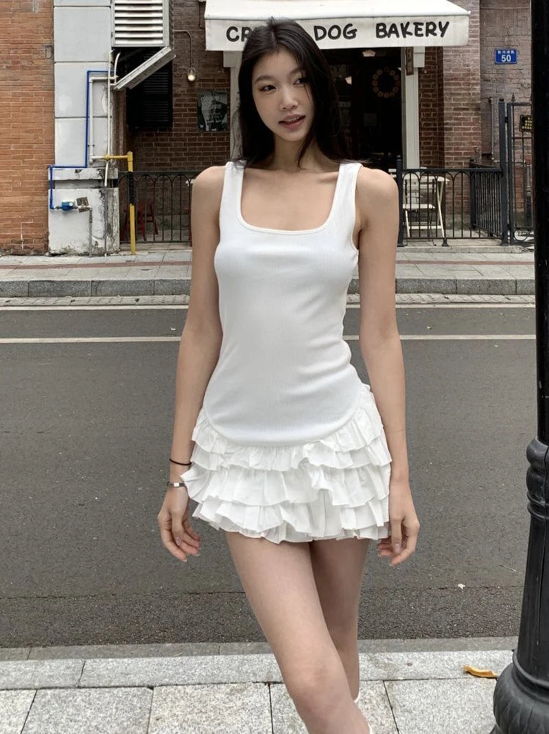 Bxoxo Black Sweet Camis Dress Women Summer Fashion Ruffle Patchwork Streetwear Tutu Dress Sexy Slim Sleeveless Mini Vestidos Female