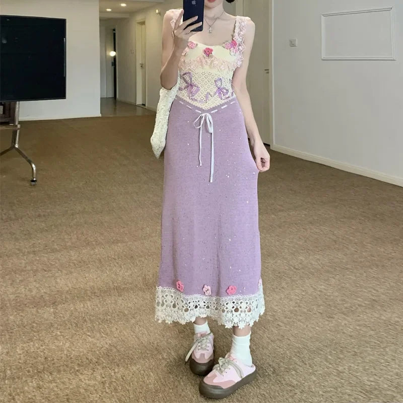 BXOXO Heavy-Work Knitted Purple Strap Dress Women's French Vintage Design Sensation Beauty Flower Banquet Empire Waist Gown