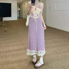 BXOXO Heavy-Work Knitted Purple Strap Dress Women's French Vintage Design Sensation Beauty Flower Banquet Empire Waist Gown