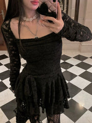 Bxoxo Gothic Black Lace Dress Women Y2K Fall Vintage Elegant Square Collar Purple Mini Dress Streetwear Sexy Slim Party Vestidos New