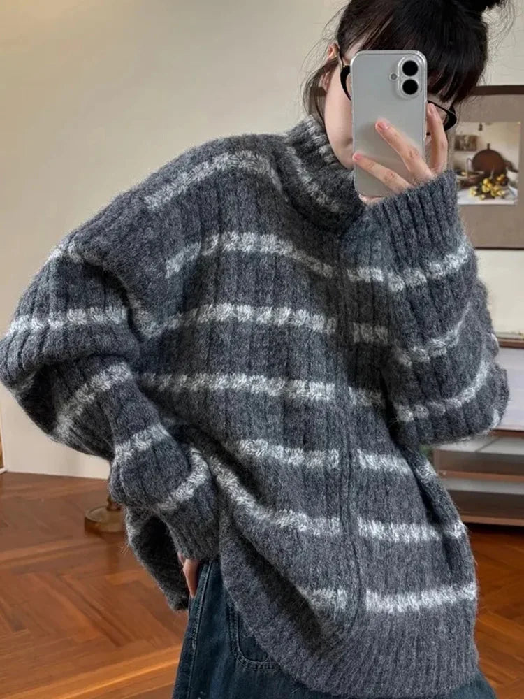 Bxoxo Lazy Wind Vintage Striped Cardigan Women Casual Preppy Style Loose Knitted Sweaters Japan Retro Stand Up Collar Long Sleeve Tops