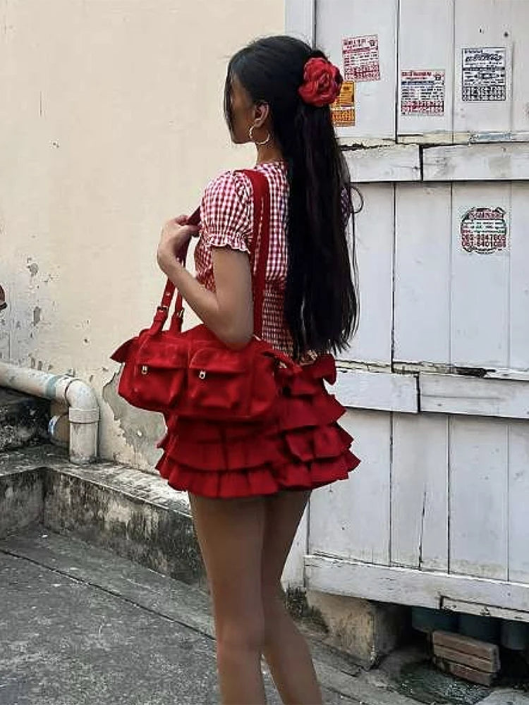 BXOXO Fashion 2-Piece Set Women Plaid Folds Puff Sleeves o-Neck Tops+Multi-Layered Bandage Ruffles Puffy Skirt Matching Suit