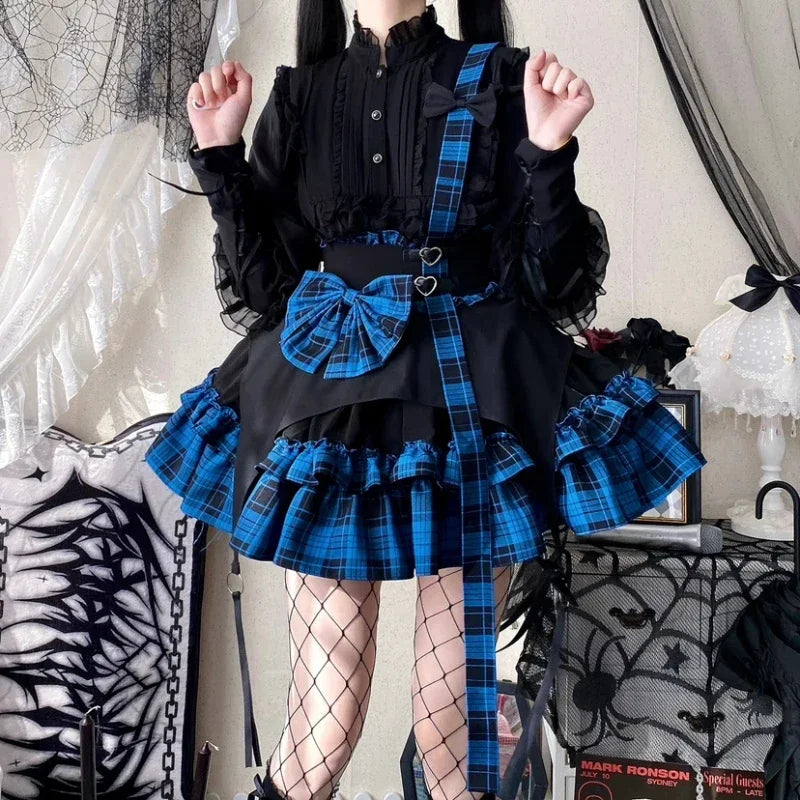 BXOXO 2024 Cute Girl Y2k Cosplay Costume Party Skirt Ball Gown Lolita Plaid Bow Suspender Skirt Women Love Button A-Line Mini Skirts