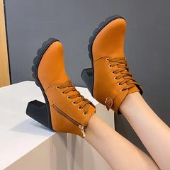 BXOXO Boots Women Shoes Women Fashion High Heel Lace Up Ankle Boots Ladies Buckle Platform Artificial Leather Shoes bota feminina