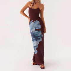BXOXO Women's Summer Long Cami Dress Fashion Sleeveless Open Back Halter Neck Flower Print Dress Beach Vacation Sundress