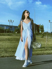 BXOXO Chic Sexy Single Breasted Plaid Blue Summer Women Dress Spaghetti Strap Midi Casual Female Vestidos Cotton Slip Dress New