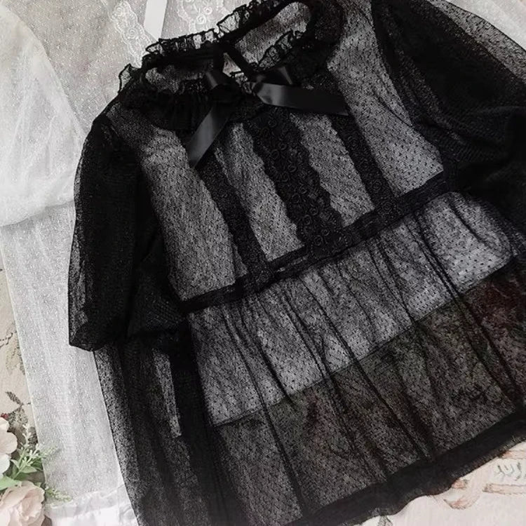 BXOXO Lolita See Through Sweet Women Shirts Lace Embroidery Harajuku Blouse Fairy Long Puff Sleeve Sweet Y2k Aesthetic Blusas De Mujer