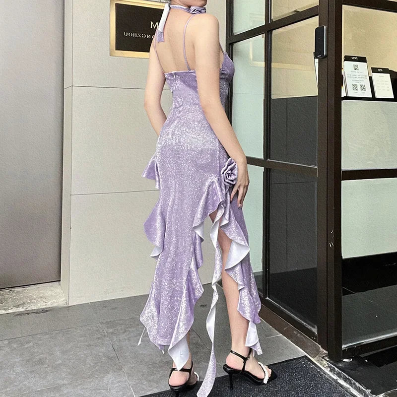 BXOXO Elegant Summer New Style Women's Dress Slim Fit with Slit V-Neck Sleeveless Ankle-Length Regular Waist Line Floral Sash