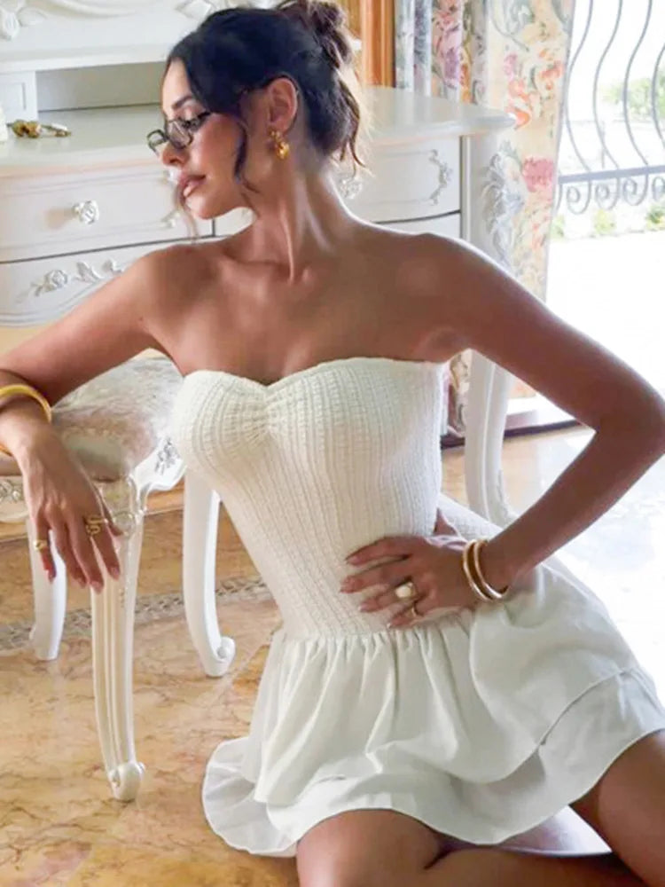 BXOXO  Off-shoulder Strapless Sexy Mini Dress For Women White Spaghetti Strap Sleeveless High Waist A-line Cake Dress Vestido