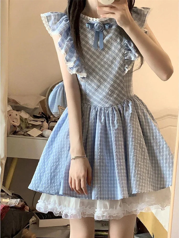BXOXO Cute Sweet Blue Plaid Dress Women Elegant 3D Floral Flying Sleeve Mini Dress Japan Vintage Slim Kawaii Lace Patchwork Dress