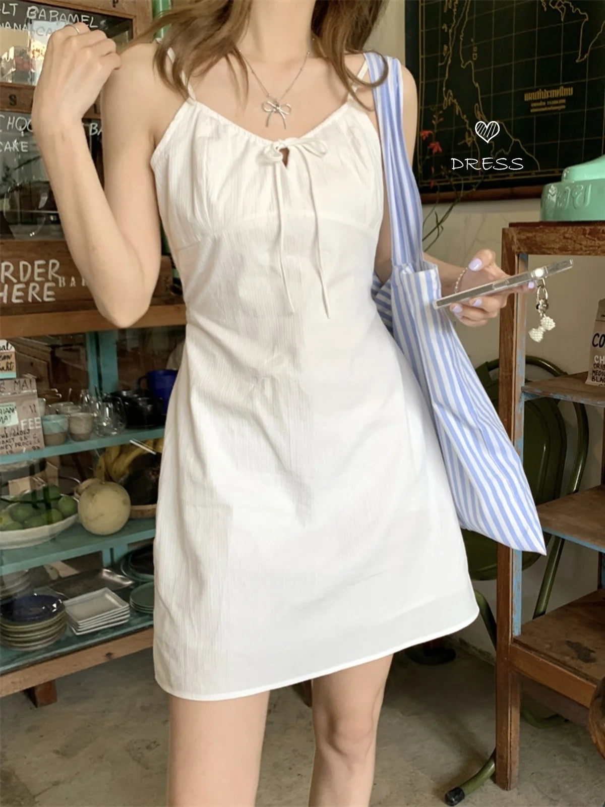 Bxoxo White Bow-Knot Strap Dr Women's Summer Slimming A-Line ort Skirt Waist-Cinching Korean Sle Commute Dr
