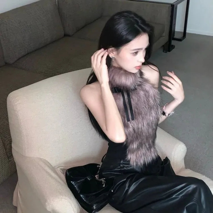 BXOXO 2025 Spring New Bow Halter Camisole Mujer Sexy Slim Fit Fluffy Vest for Women Y2k E-Girl Sleeveless Bottoming Tank Top