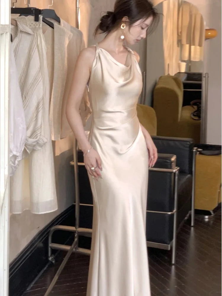 Bxoxo Women's Elegant Summer Party French Dresses Sexy Satin Swing-Collar Slim Bodycon Evening Mermaid Dress Chic Prom Female Clothes