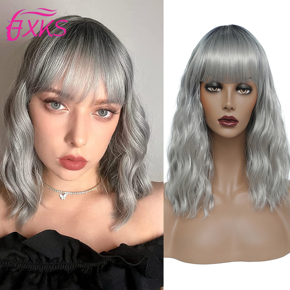 BXOXO Blonde Gold Short Wavy Synthetic Wigs With Bangs Brown Grey Silver Black Color Body Wave Hair Wigs 14Inch 200G For Women FXKS