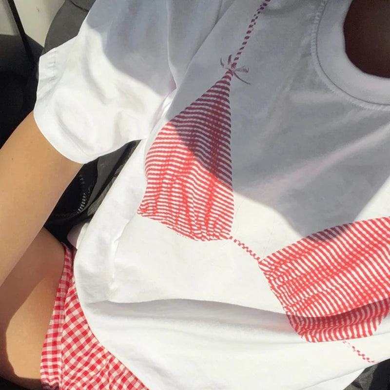 BXOXO Summer White Short Sleeve T-shirt Casual Crewneck Chic Print Loose T Shirts for Women Streetwear Basic Tees y2k Vintage