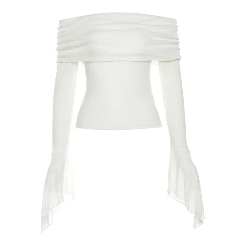 Bxoxo Y2k Aesthetic Women Translucence Tee Shirts Slash Neck Long Sleeve Solid Casual T-Shirts Vintage Off Shoulder Sexy Cute Tshirts