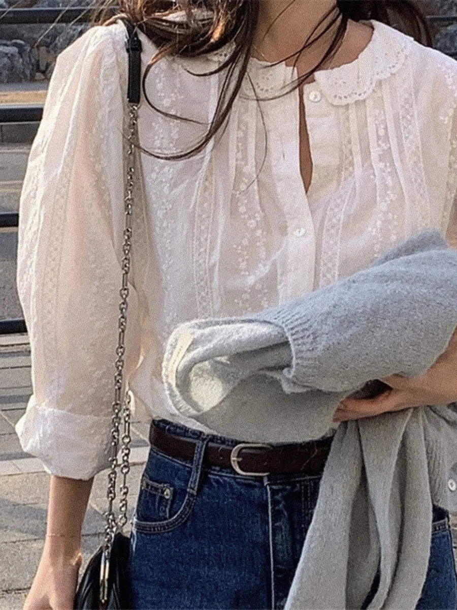 Bxoxo Flower Embroidery Blouses Lace Trim O-Neck Long Sleeve Blouse Spring Vintage Female Elegant Casual French Shirts Women Clothes