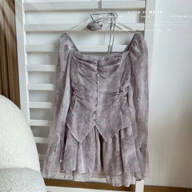 Bxoxo Women A-line Luxury Dress Elegant Long Sleeve Mini Evening Dress Harajuku Vintage 90s Y2k One Piece Frocks 2000s Clothes Autumn