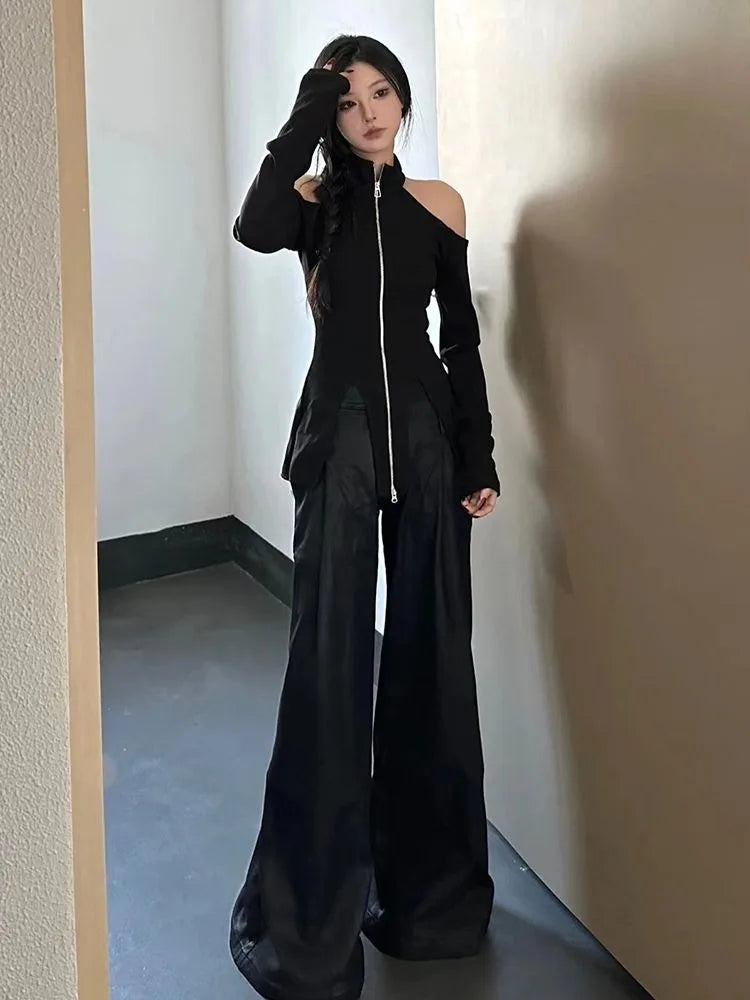 BXOXO 2025 New Stand Collar Zipper Tops Women Off Shoulder Long Sleeve T-shirts Y2k E-Girl Slim Fit Halter Knitted Tee Shirt Sweater