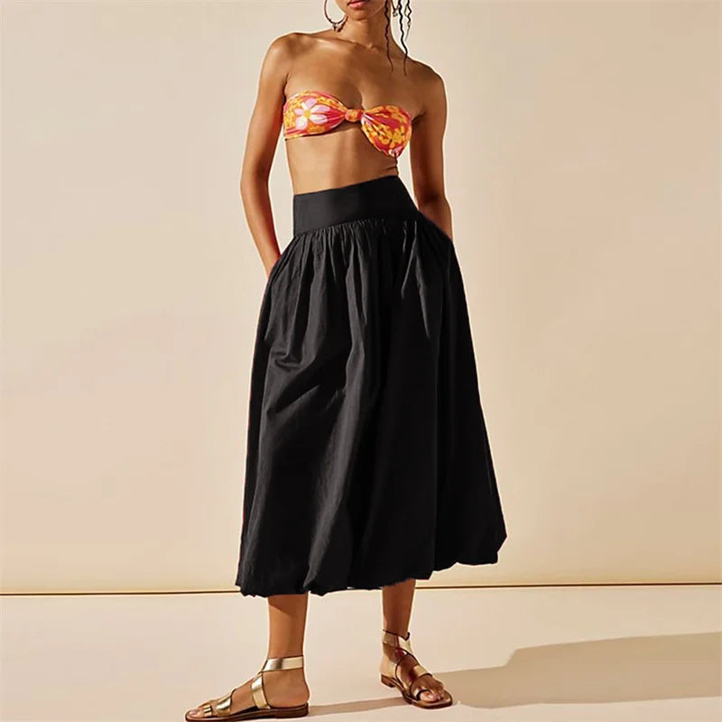Bxoxo Skirts y2k Women Summer Elegant Solid Color High Waist Loose Fitting Long Bubble Skirt Office Ladies Skirts Streetwear