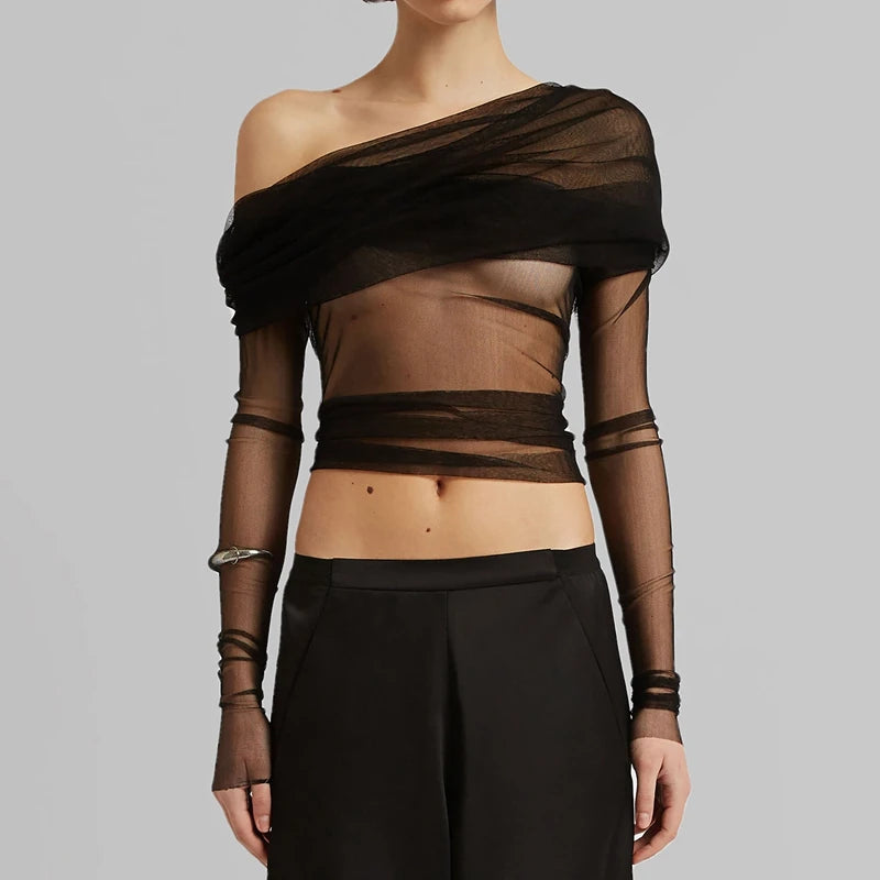 Bxoxo Multi-wear Mesh Sheer Crop Tops Korean Elegant Off the Shoulder T-shirt Chic Women Long Sleeves Slim Fit Cover-Ups Tees