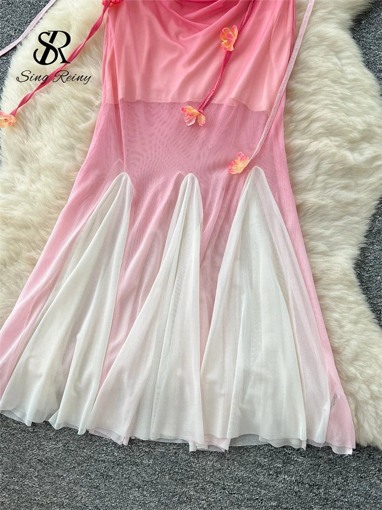 BXOXO Spaghetti Strap Mesh Beach Dress Female 3D Floral Backless Maxi Sundress Holiday Gradient Mermaid Long Party Dress